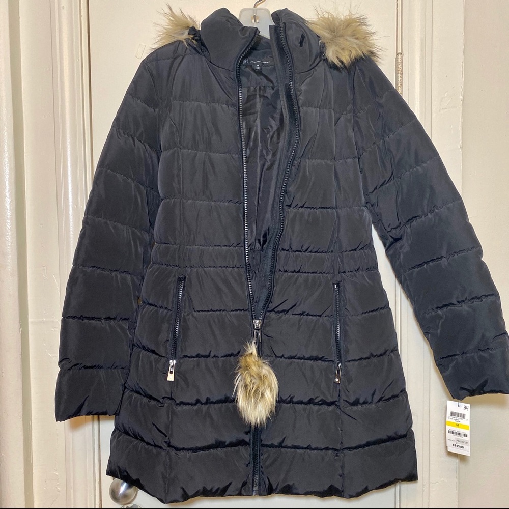 INC Women’s Faux-Fur Trim Hooded Puffer Coat NWT M